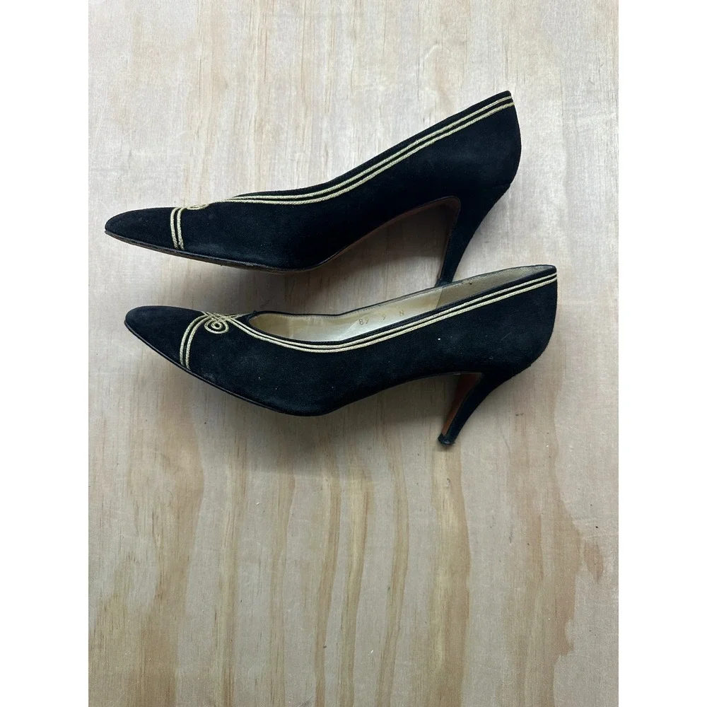 Evan-Picone‎ Vintage Black Suede Gold Embroidered Pumps Heels Made in Spain 9N
